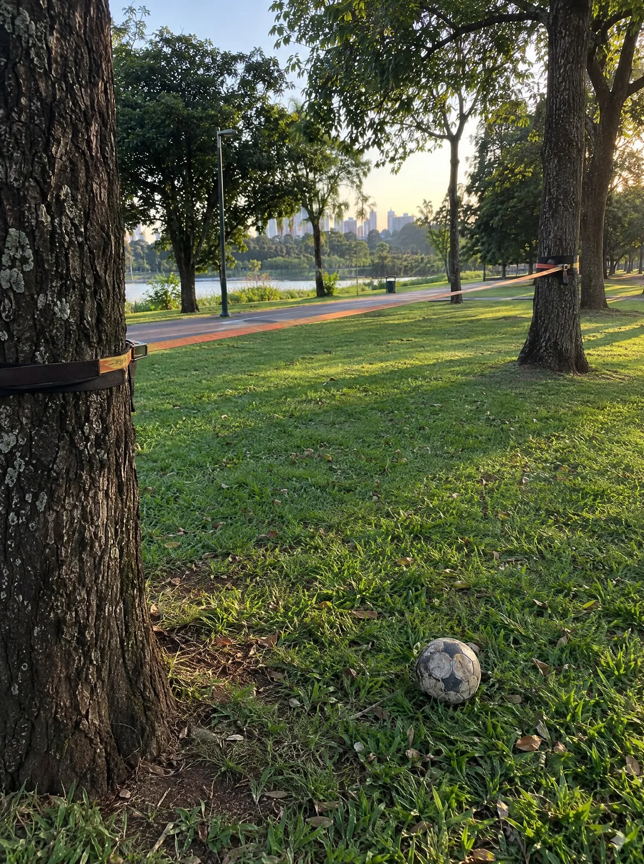 Slackline e altinha no gramado do Ibirapuera